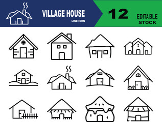 Minimal Village House Icon Set – Hand-Drawn Rural Cottage Line Art Collection