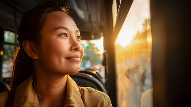 Woman feeling hopeful and relaxed while commuting on public transport during a beautiful golden hour sunset - Powered by Adobe