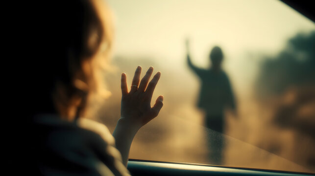 Hand touching car window, bidding farewell to a blurry waving silhouette, creating a moment of separation and emotional departure