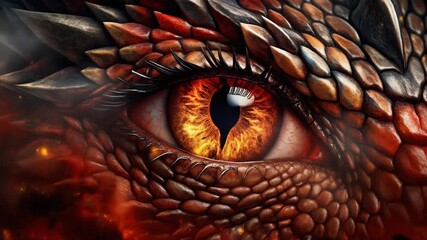 Extreme close up of a massive dragon's eye blinking slowly with smoke and embers floating around.