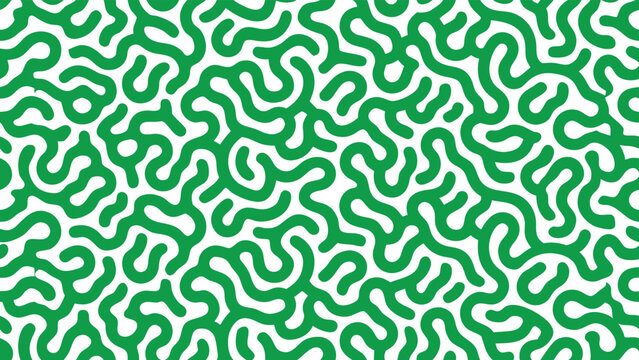 A seamless, repeating pattern of thick, flowing green lines forming an intricate maze-like structure against a white backdrop.
