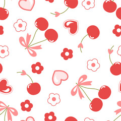 Valentine day valentine seamless pattern with cherry heart flower and bow design for fabric, cotton, wallpaper, satin all types of print textile and background