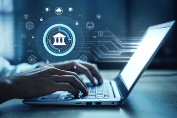 A global FinTech and digital banking network technology concept. A central financial system connected to the worldwide digital economy and services. Motif