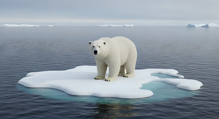 Powerful polar bear bravely navigating melting ice floe in Arctic waters, a stark symbol of climate change and the urgent need for environmental protection, wildlife conservation