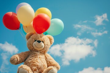Teddy bear holding colorful balloons floating upward, whimsical children’s fantasy style.