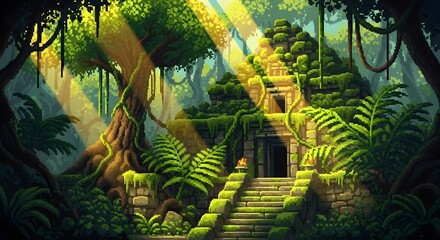 pixel art game level background, 8 bit, landscape, arcade video game, pixel style. Ancient temple ruins covered in lush vegetation, bathed in sunlight filtering through the dense jungle canopy.