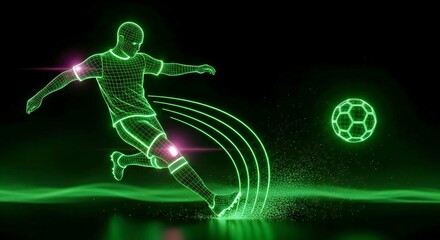 Stylized Neon Green Soccer Player Kicking Ball Dynamic Render