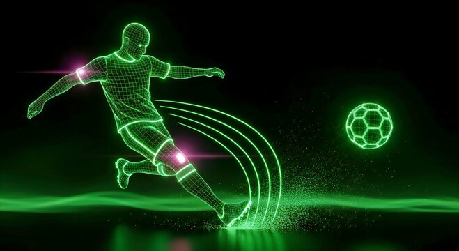 Stylized Neon Green Soccer Player Kicking Ball Dynamic Render