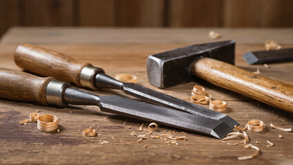 A close-up of worn tools on a wooden workbench, including a chipped chisel and hammer in soft morning light, with sawdust and muted tones symbolizing outdated methods and low productivity.