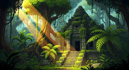 pixel art game level background, 8 bit, landscape, arcade video game, pixel style. Ancient temple ruin overgrown by lush jungle vegetation, bathed in sunlight.