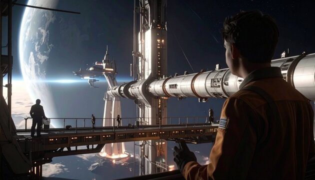 Futuristic space elevator with a massive cable stretching into orbit.