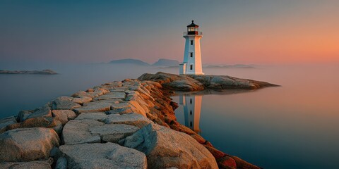Scenic view of the lighthouse on a rocky outcrop at sunset with fog and calm water creating a serene atmosphere