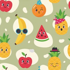 Seamless pattern of simplified fruit silhouettes&mdash;each featuring expressive cartoon faces (smiles, winks, pouts, wide eyes) and playful accessories like bright hats, sunglasses, and bandanas. The compo