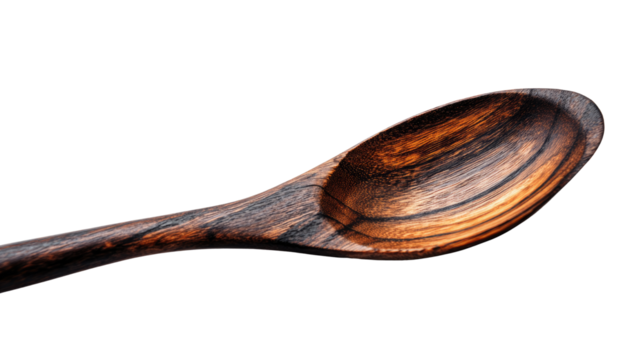 Wooden cooking spoon laying flat in simple kitchen arrangement providing rustic culinary charm and natural utensil detail isolated on white background