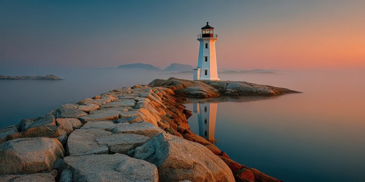 Scenic view of the lighthouse on a rocky outcrop at sunset with fog and calm water creating a serene atmosphere - Powered by Adobe