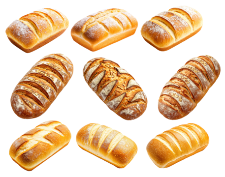 Various types of sliced artisan bread loaves with crusty and soft textures, isolated on white background, concept of bakery