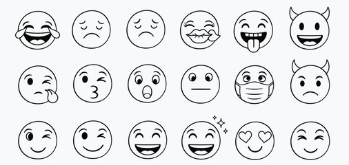 Collection of hand drawn oval faces expressing a wide range of emotions and expressions