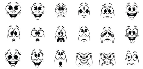 Collection of vintage cartoon character faces showing a wide range of expressive emotions and styles © Sakib