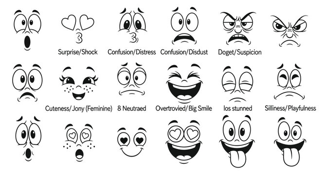 Collection of hand drawn cartoon faces expressing a wide range of emotions and expressions