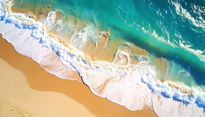 Aerial view of waves meeting the sandy shore with turquoise water creating foam patterns on a sunny day
