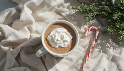 Overhead view of hot chocolate with whipped cream and candy cane on a white textured fabric surface