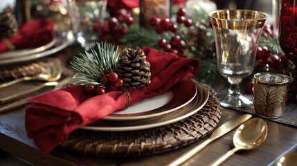 Festive table setting with red napkins, gold silverware, and pine centerpiece,