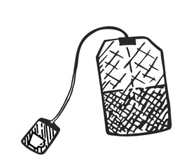 Tea bag  sketch illustration with string and tag. Minimal concept of hot drink, herbal infusion, natural beverage ingredient. Teatime. For food packaging, cafe menu, kitchen design, wellness themes