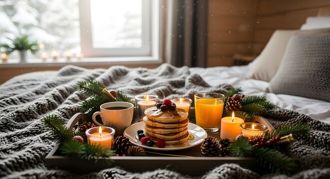 Cozy morning breakfast served on a tray in bed, with warm candles and a snowy winter view.