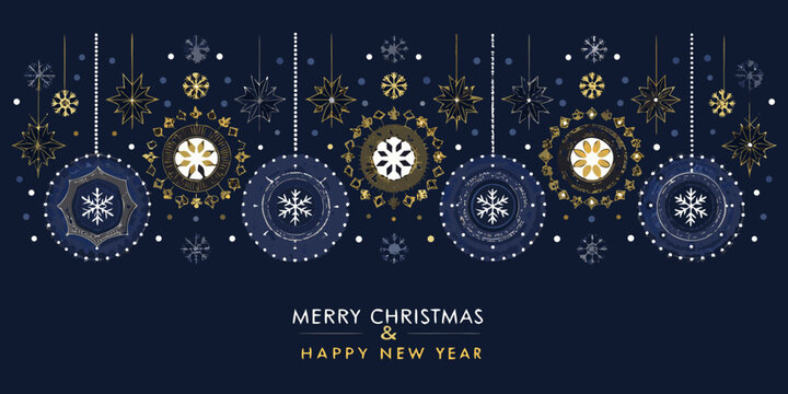 Elegant merry christmas and happy new year greeting card with hanging snowflakes and ornaments on a dark blue background