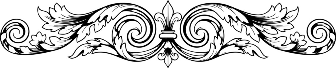 Elegant vintage flourish design with ornate scrollwork and central fleur de lis, perfect for invitations and decorative accents © Vectors Studio
