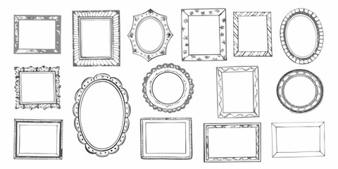 Collection of hand drawn decorative picture frames in various shapes and styles on a white background