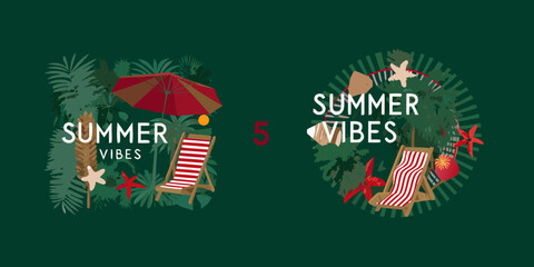 Two vibrant summer vibes illustrations with beach chairs umbrellas and tropical foliage