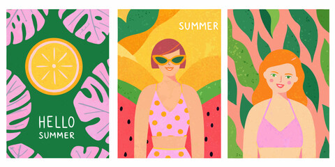 Vibrant summer collection featuring tropical leaves citrus fruit and stylish women in swimwear