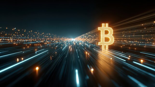 Bitcoin symbol with futuristic technology background, representing digital currency, blockchain, and financial innovation