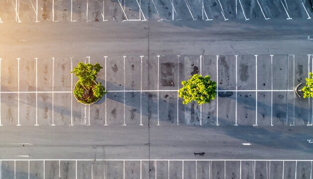 Aerial view showcases an empty parking lot with green trees, creating a symmetrical and orderly aesthetic