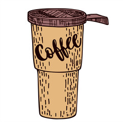 Sketch plastic coffee cup. Coffee to go. Take away coffee. Paper takeaway cup with plastic lid line vector silhouette illustration on white background for poster, coffee shop design