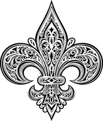 Intricate black and white ornate fleur de lis symbol, a timeless emblem of royalty and heraldry, perfect for elegant designs. © Vectors Studio