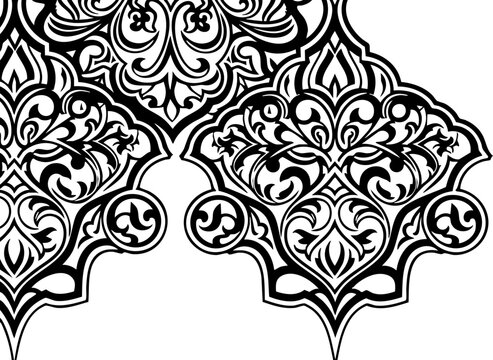 Elegant ornate black and white Islamic geometric floral motif design border element intricate scrolling pattern for cultural decor and artistic backgrounds