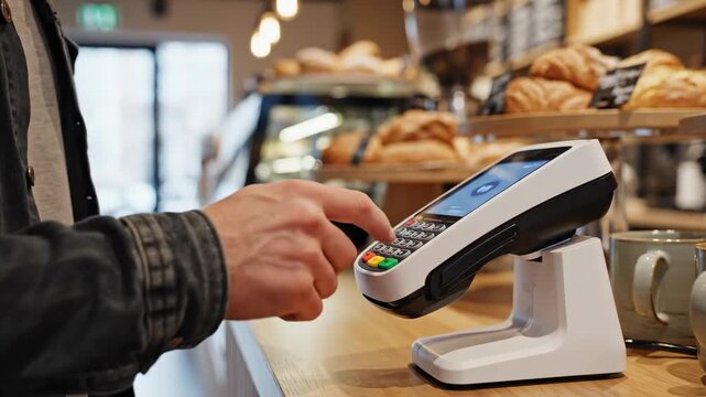 Tracking video footage of a customer paying with a smartphone at a bakery counter using a contactless POS terminal, representing modern payment, NFC technology, and retail commerce.
