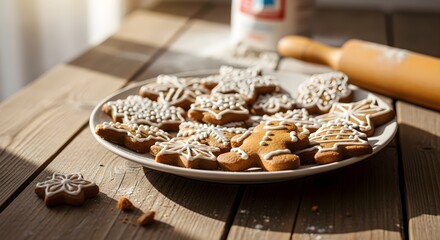 Warm, sunlit plate of freshly baked gingerbread cookies, perfect for holiday baking and celebrations.