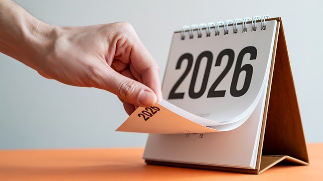 Turning a page on a calendar to the year 2026 future goals