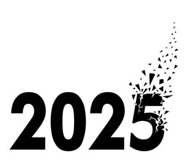 2025 is leaving. Crumbling numbers. Small particles. The 2025 shatters into small pieces. Demolished numbers. Explosion effect, 2025 cracked into fragments. Goodbye 2025! Black Debris.