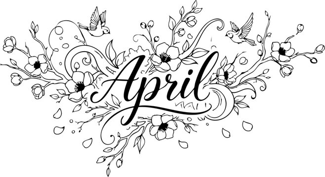 Beautiful hand drawn floral design with birds and the word April, celebrating springtime joy and renewal for modern graphics.
