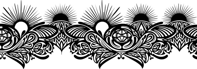 Intricate black ornamental border design featuring stylized sunbursts and elegant floral motifs, perfect for decorative accents and graphic elements. © Vectors Studio