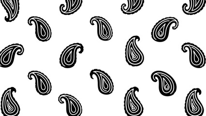 Elegant black paisley motifs scattered across a clean white backdrop creating a timeless decorative pattern for sophisticated designs