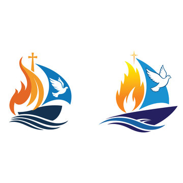 holy spirit fire dove cross boat vector logo design concept icon illustration.