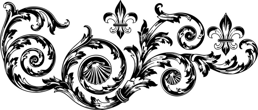 Elegant ornate scrollwork flourish with regal fleur de lis and seashell motifs, perfect for vintage invitations and luxury branding.