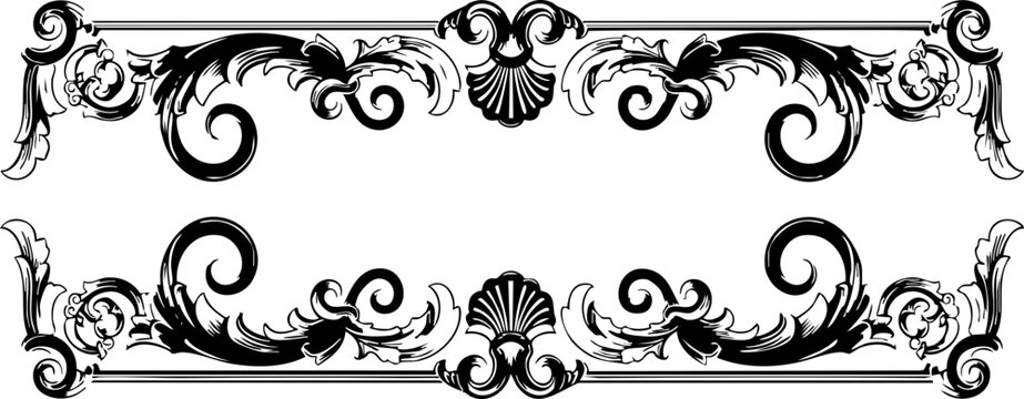 Elegant ornate decorative border flourishes with classical baroque scrollwork and shell motifs creating a sophisticated frame for any design project.