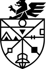 Striking modern crest emblem with mythical griffin atop abstract geometric shield design symbolizing heritage and innovation for branding