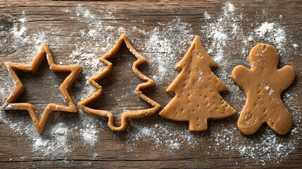 Gingerbread Cookie Cutters and Dough on Wooden Background
